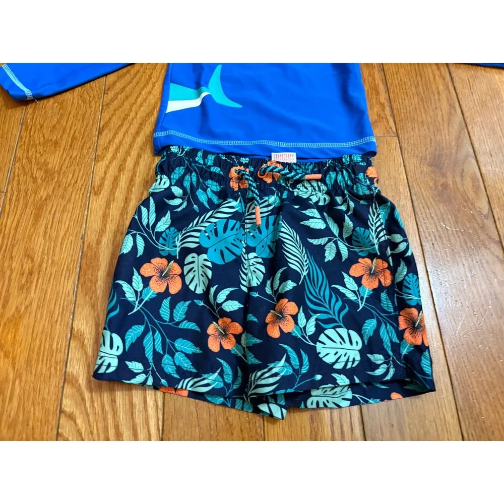 Little Me Shark Rash Guard & Cat & Jack Tropical Swim Trunks Set 18M Blue